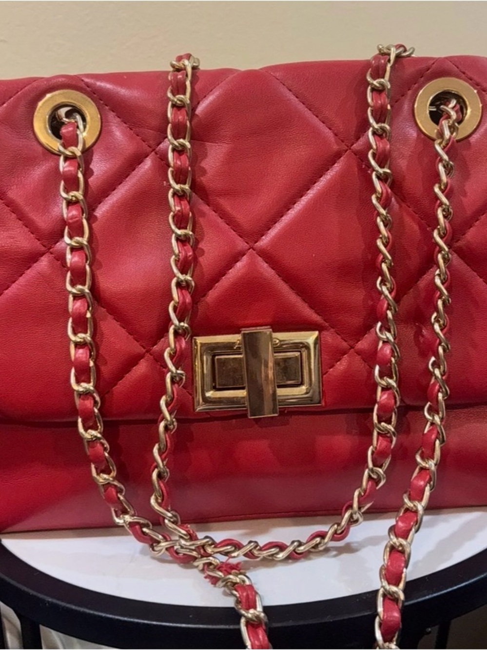 Aldo Quilted Red Shoulder Bag with Gold Chain
